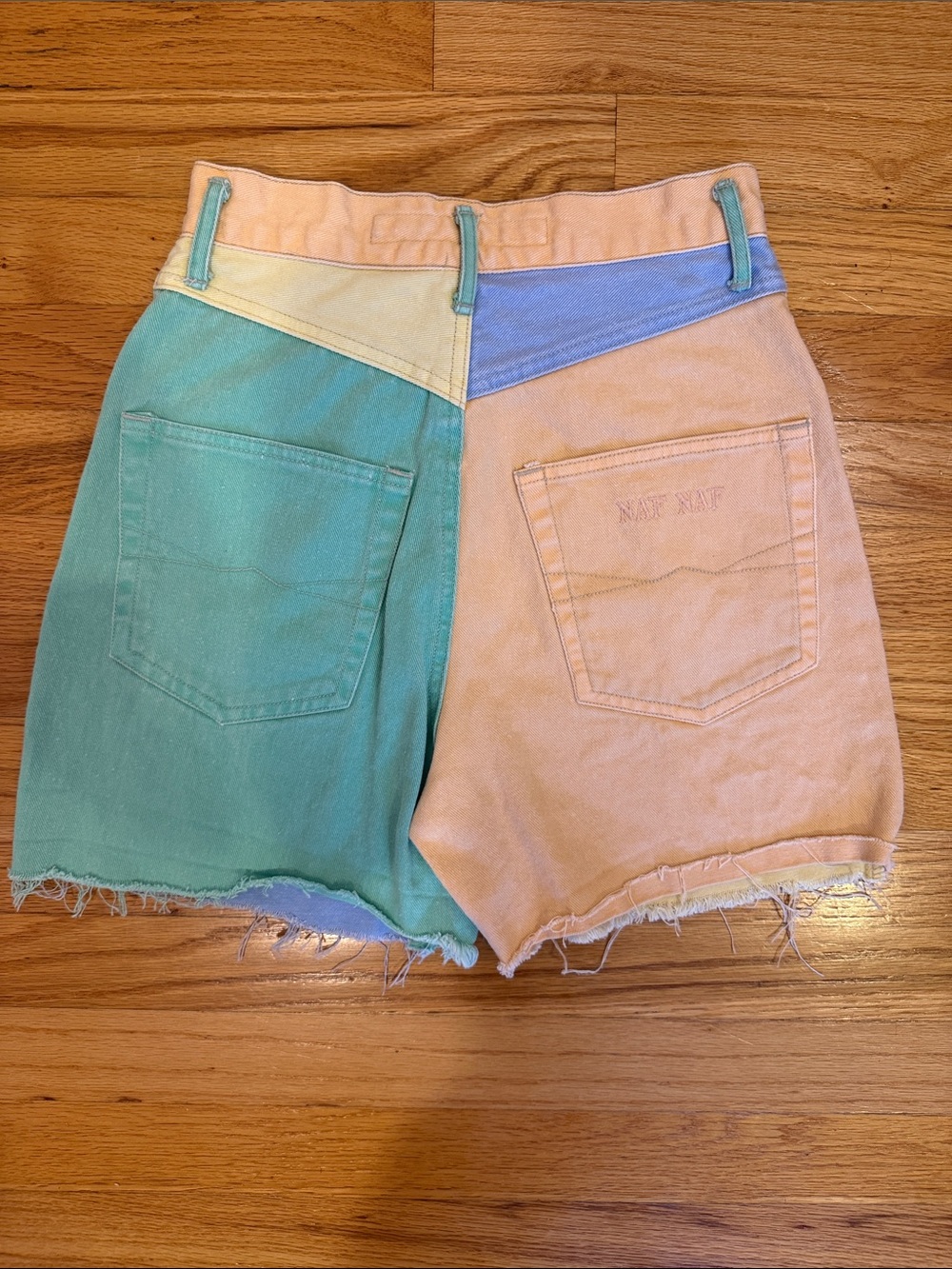 NAF NAF Pastel Colorblock High-Waist Denim Shorts - Yellow, Blue, Mint, Pink - Picture 2 of 5
